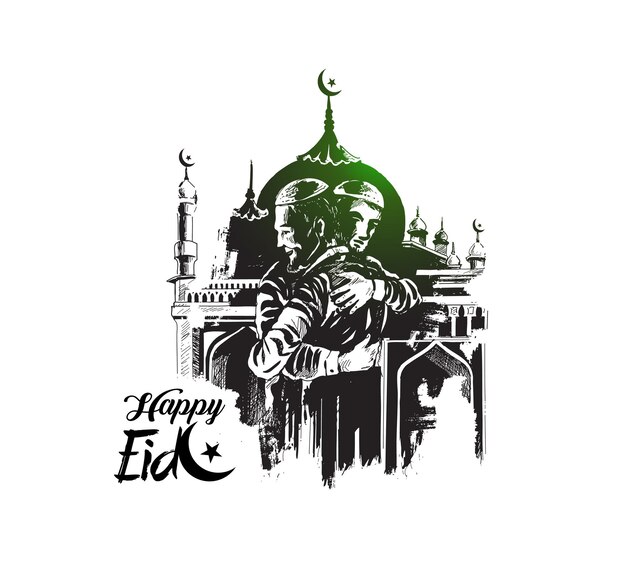 Celebración de Eid Hombre musulmán abrazándose y deseándose el uno al otro en ocasión Ilustración vectorial