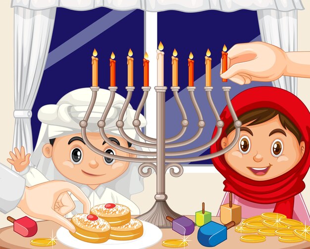 Una celebración familiar de Hanukkah en estilo de dibujos animados