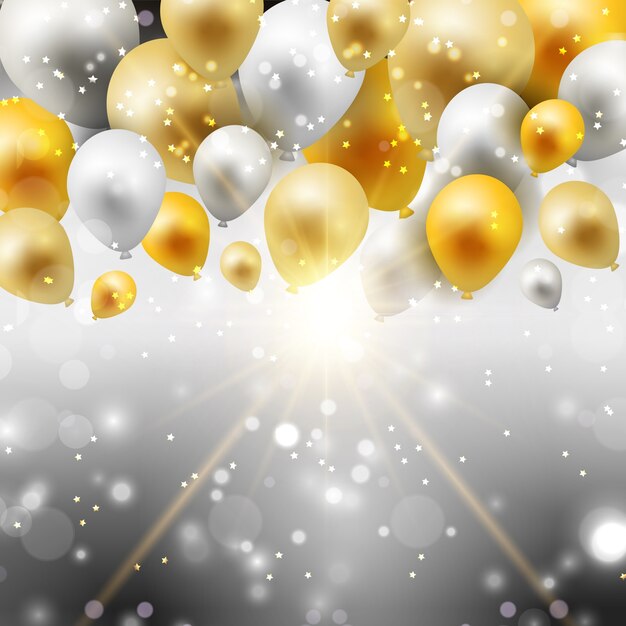 Celebración de fondo con globos de oro y plata
