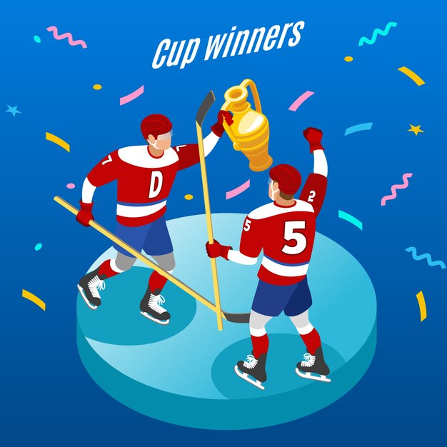 Celebración de los ganadores de la copa de hockey sobre hielo composición isométrica redonda con dos jugadores con trofeo festivo