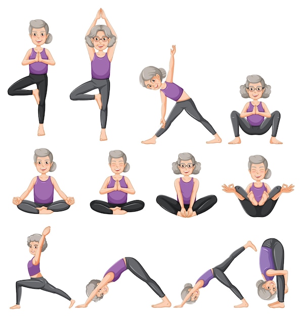 Cellection de posiciones de yoga de mujer senior