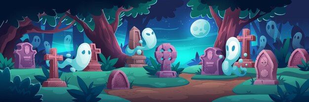 Cementerio con fantasmas por la noche.
