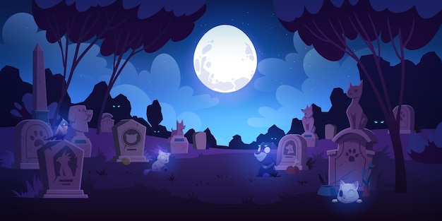 Cementerio de mascotas en la noche cementerio de animales con lápidas tumbas tumbas con almas de gatos, perros y pájaros cerca de monumentos con sus fotos bajo la luna llena en la ilustración de dibujos animados de cielo estrellado oscuro