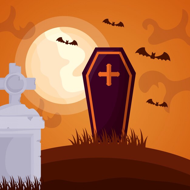 Cementerio oscuro de Halloween con ataúd