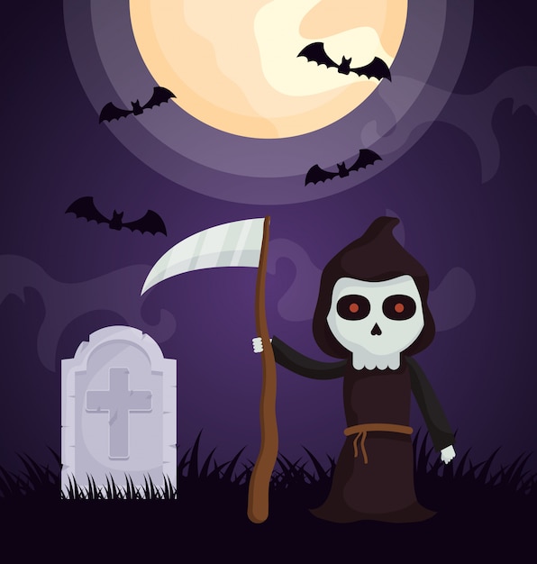 Cementerio oscuro de halloween con personaje de muerte