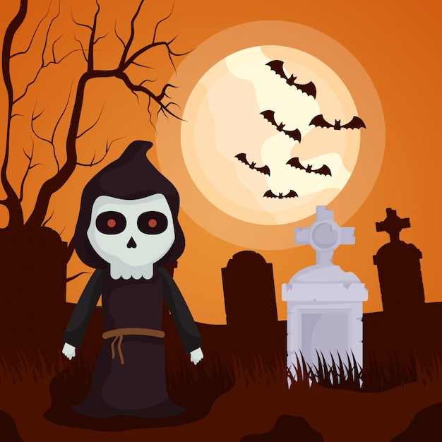 Vector gratuito cementerio oscuro de halloween con personaje de muerte