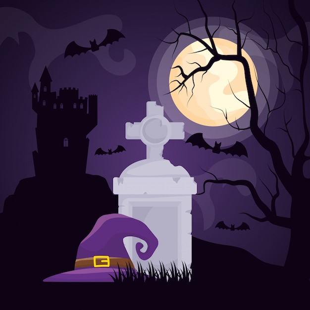 Vector gratuito cementerio oscuro de halloween con sombrero de bruja