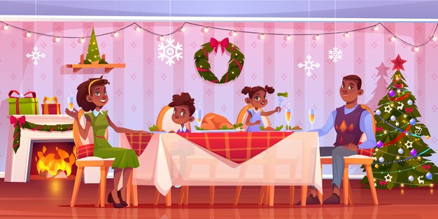 Cena de Navidad, familia feliz sentado en la mesa decorada festiva servida con comida y bebida. Ilustración de dibujos animados