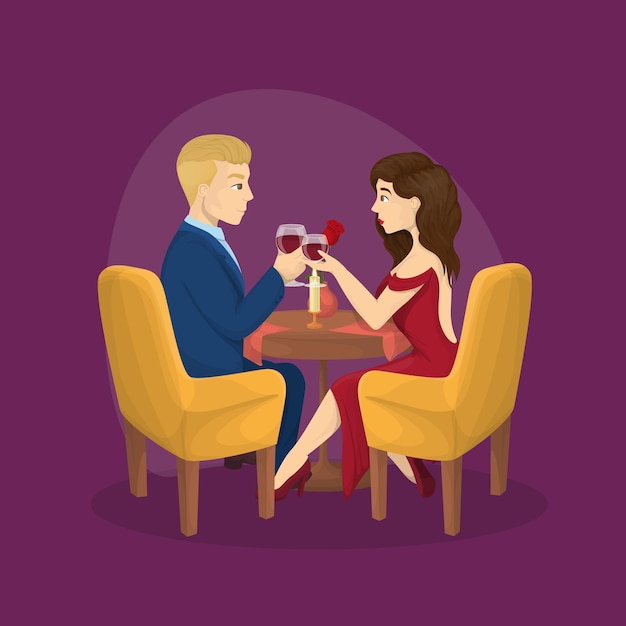 Vector gratuito cena romántica para dos el hombre y la mujer se sientan a la mesa con vino.