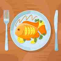 Vector gratuito cena sana de pescado fresco. ilustración de delicioso plato de pescado. pescado sabroso en plato con tenedor y cuchillo