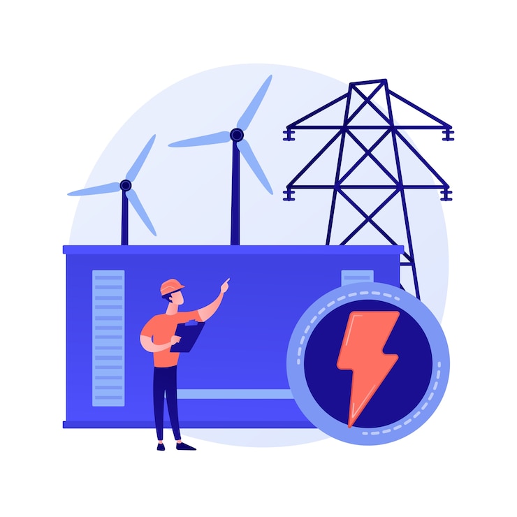 Vector gratuito central eléctrica, generación de energía eléctrica, producción de electricidad. personaje de dibujos animados de ingeniero de energía. industria energética, planta eléctrica