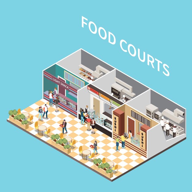 Centro comercial aeropuerto para llevar cafetería patio de comidas vista isométrica con organización de comidas personal clientes ilustración