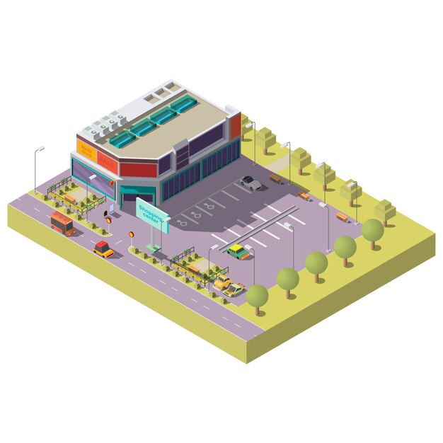 Centro comercial con estacionamiento isométrico.