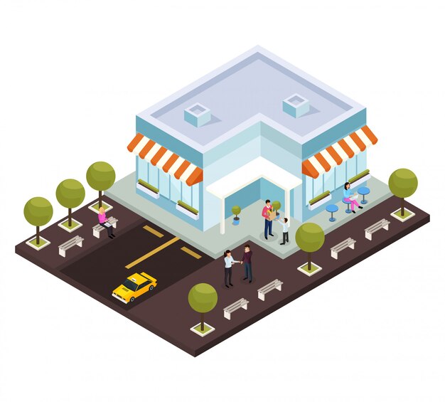 Centro comercial isométrico con estacionamiento