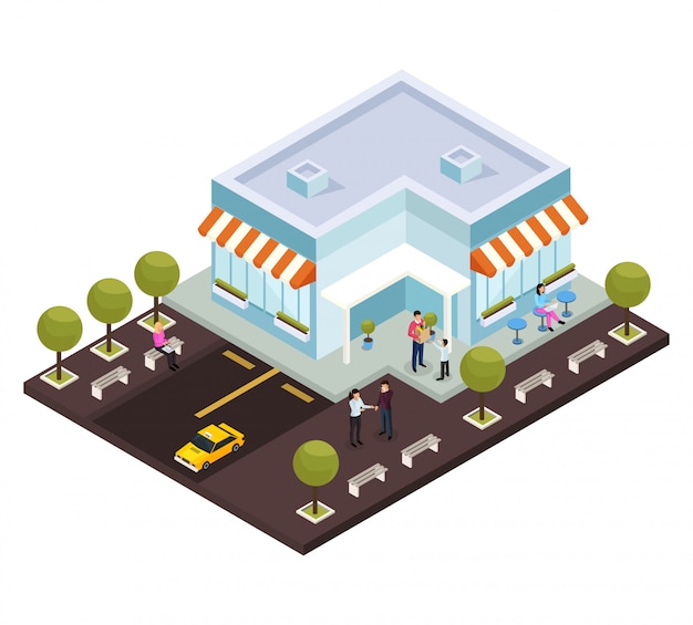 Centro comercial isométrico con estacionamiento