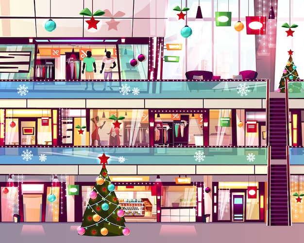 Vector gratuito el centro comercial navideño hace compras de ilustración de boutiques y del árbol de navidad en la escalera mecánica.