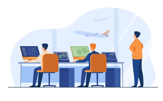 Centro de control de vuelo aislado ilustración vectorial plana. Sala de mando del aeropuerto de dibujos animados o torre para controlar la ruta de vuelo.