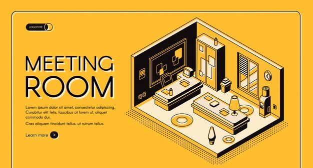 Centro de coworking moderno áreas de trabajo de oficina y servicios vector isométrico web banner.