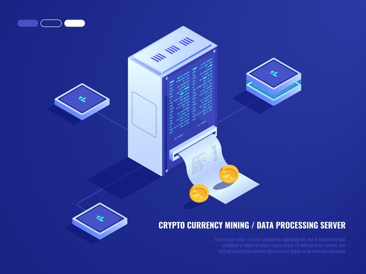Vector gratuito centro de datos, minería de hardware criptodinámico, sala de servidores, moneda