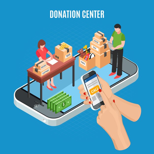 Centro de donaciones isométrico con aplicación móvil para llamadas y empleados clasificando cajas de cartón de artículos de caridad ilustración vectorial
