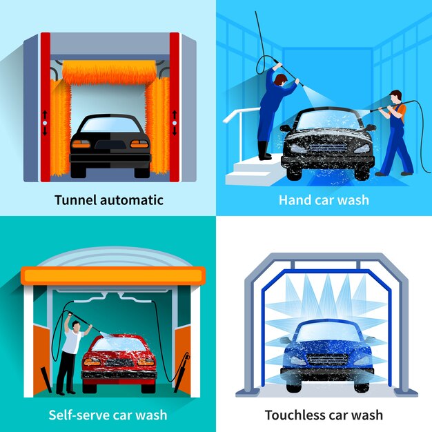 Centro de lavado de autos automático, instalaciones sin contacto y autoservicio 4 iconos planos cuadrados