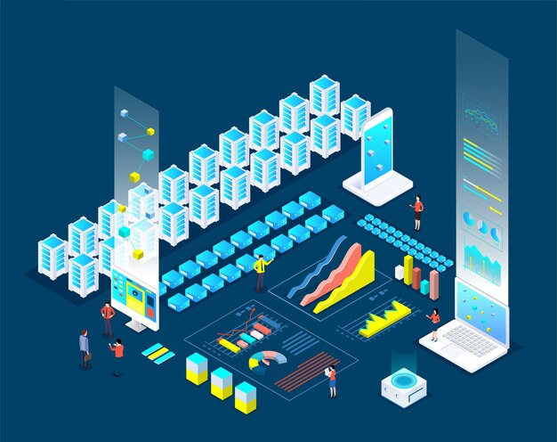 Los centros de datos son centros de datos para servir aplicaciones e información comercial de apoyo. Tecnología de computación en la nube para análisis de negocios, analítica, investigación, estadística estratégica, planificación, marketing.