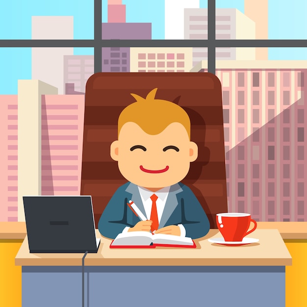 CEO de gran jefe sentado en el escritorio con la computadora portátil