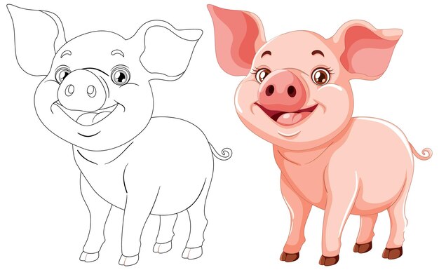 Cerdo alegre antes y después de colorear