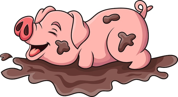 Cerdo divertido de dibujos animados en el barro