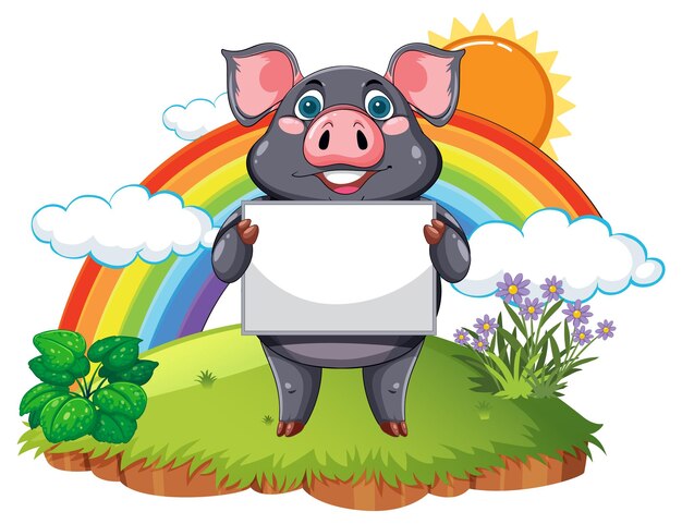 Cerdo feliz con el signo del arco iris