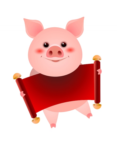 Cerdo sonriente que sostiene el ejemplo rojo en blanco de la bandera