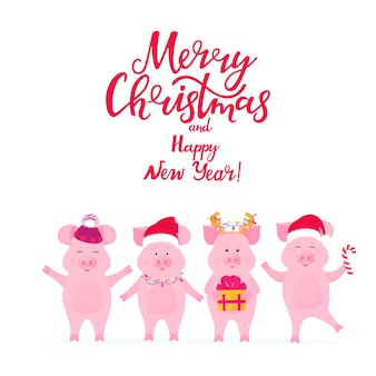 Cerdos divertidos con sombreros de papá noel con un regalo. alcancía con cuernos de ciervo. feliz navidad y feliz año nuevo tarjeta de felicitación con inscripción manuscrita.