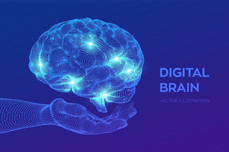 Vector gratuito cerebro. cerebro digital en mano. red neuronal.
