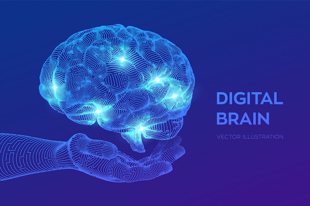 Cerebro. Cerebro digital en mano. Red neuronal.