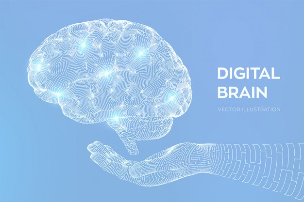 Cerebro. Cerebro digital en mano. Red neuronal.