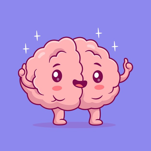 Cerebro lindo con los pulgares hacia arriba Icono vectorial de dibujos animados Ilustración de personas Ciencia Vector plano aislado