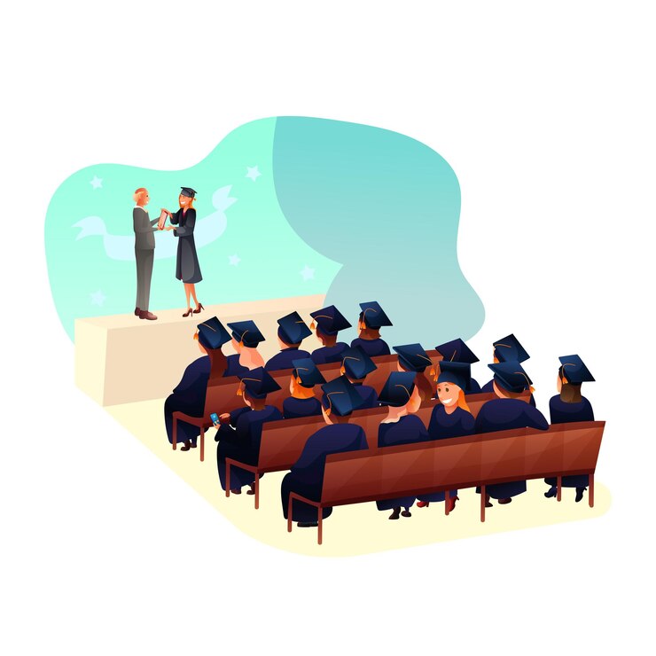 Vector gratuito ceremonia de inicio de ilustración de graduación con maestros y estudiantes