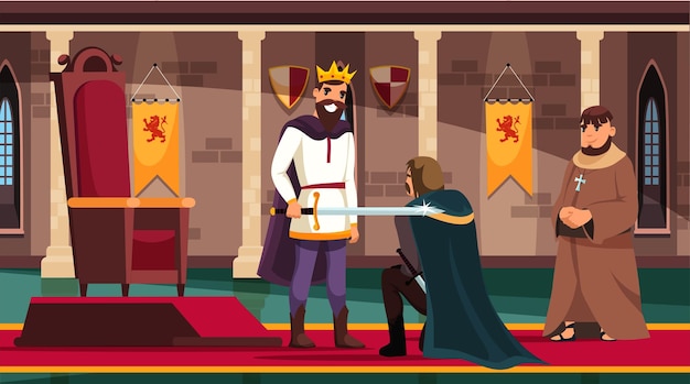 Ceremonia oficial de nombramiento de caballeros en el salón del trono del castillo medieval rey poniendo la espada sobre los hombros masculinos sacerdote controlando la acción honrando al guerrero