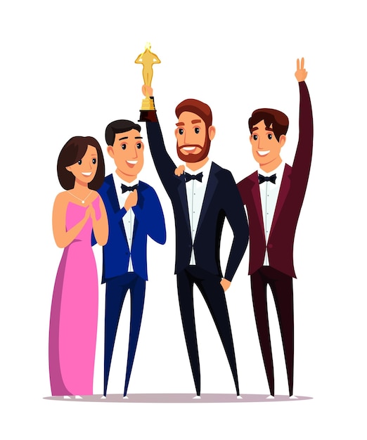 Vector gratuito ceremonia de premiación de la película con hombres sonrientes en esmoquin y mujer en traje de noche actor feliz sosteniendo una estatuilla de oro trofeo