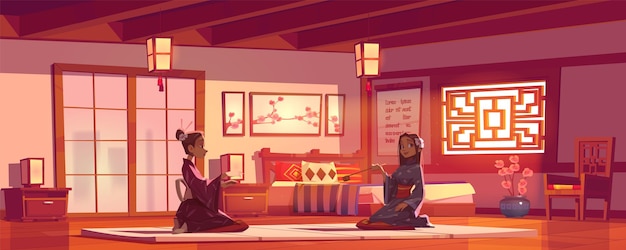 Ceremonia tradicional china del té Dos mujeres jóvenes en kimonos se sientan en el suelo en un dormitorio con decoración asiática Vector de dibujos animados del interior de la casa con cama y puerta muebles de madera y decoración de sakura