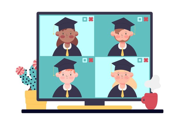 Vector gratuito ceremonia virtual de graduación con estudiantes