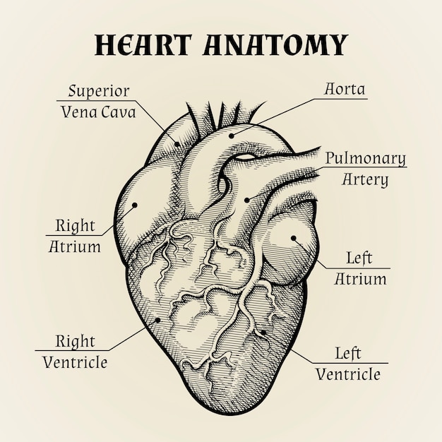 Cerrar la anatomía del corazón en blanco y negro con diseño gráfico de etiquetas.