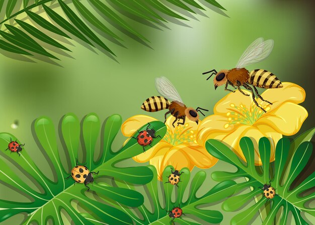 Cerrar escena de flores y hojas con muchas abejas y mariquitas