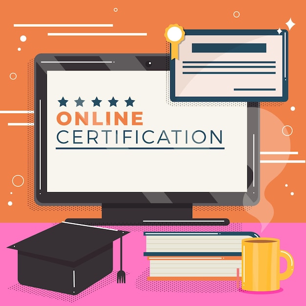 Certificación en línea con computadora y libros