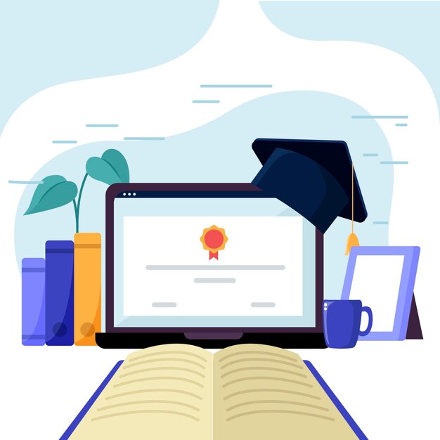 Certificación en línea con computadora portátil y libro