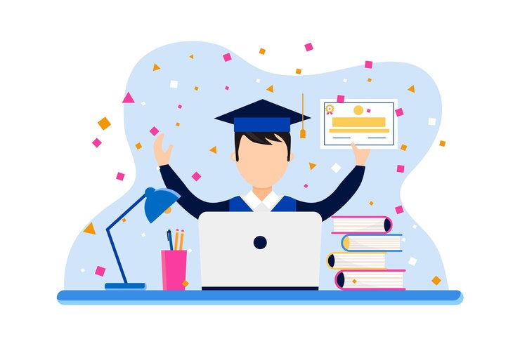 Vector gratuito certificación en línea con graduado y computadora portátil