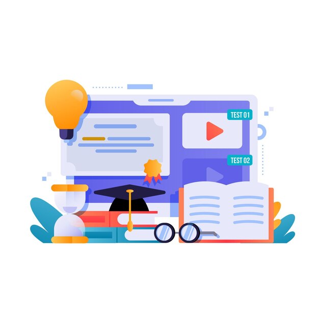 Certificación en línea con libros y anteojos.