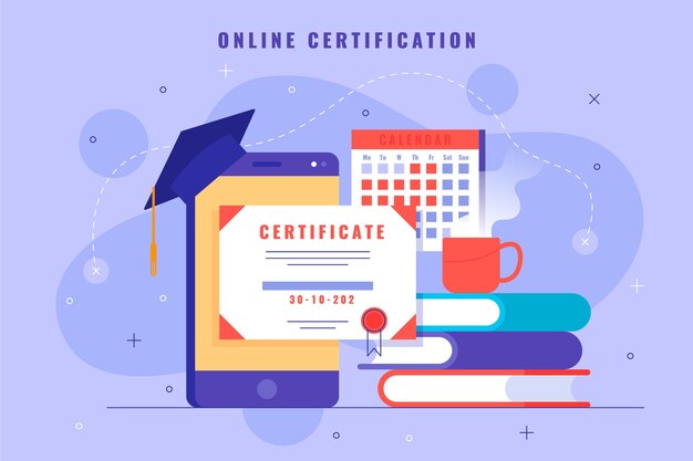 Certificación en línea con teléfono inteligente y libros.