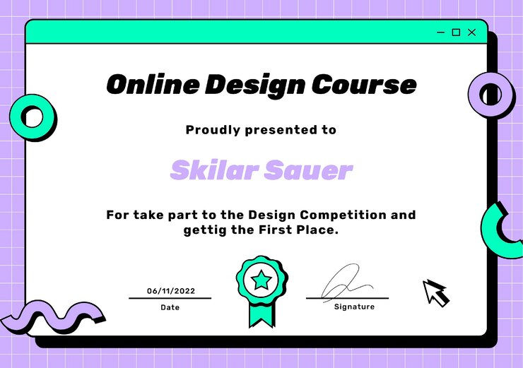 Certificado de curso en línea de duotone grid