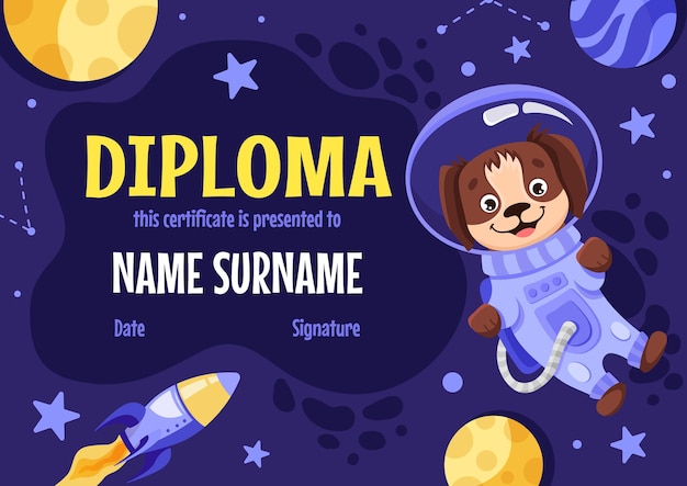 Certificado de diploma para niños en jardín de infantes y escuela primaria con lindo perro astronauta